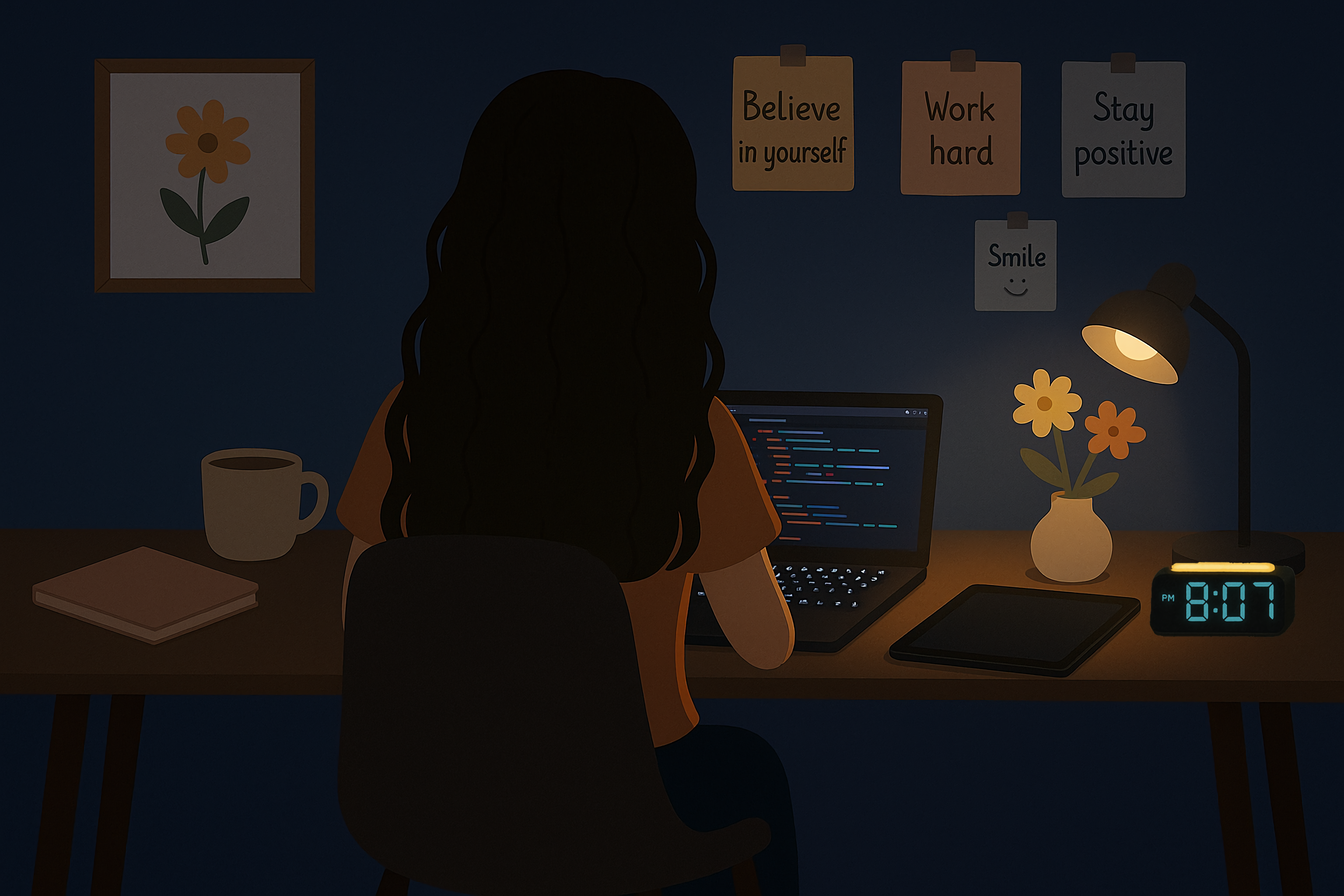 Cheerful girl working at cozy desk